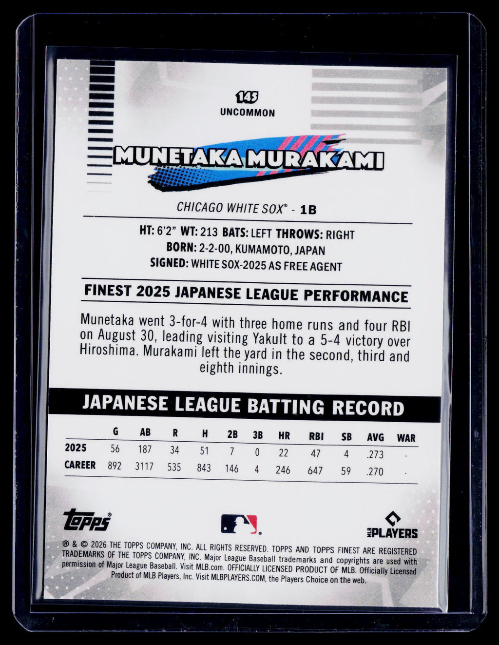 2026 Topps Finest Munetaka Murakami Rookie Blue Mini Diamond 65/150 RC