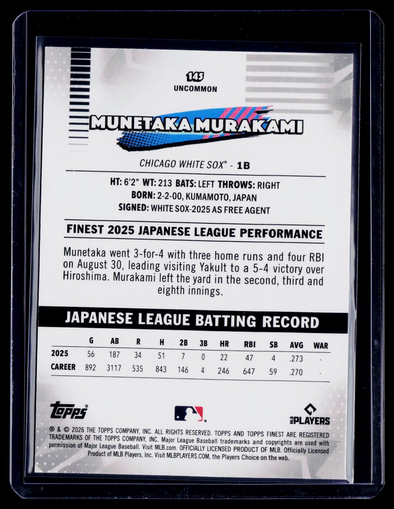 2026 Topps Finest Munetaka Murakami Rookie Blue Mini Diamond 65/150 RC