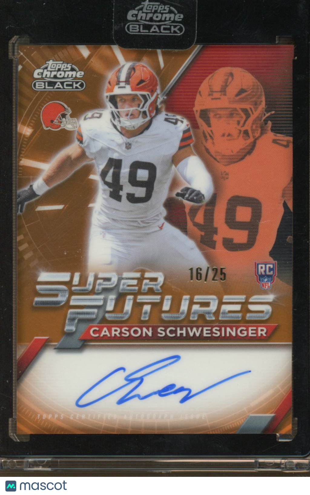 2025 Topps Chrome Black Carson Schwesinger Orange Super Futures Auto 16/25 RC