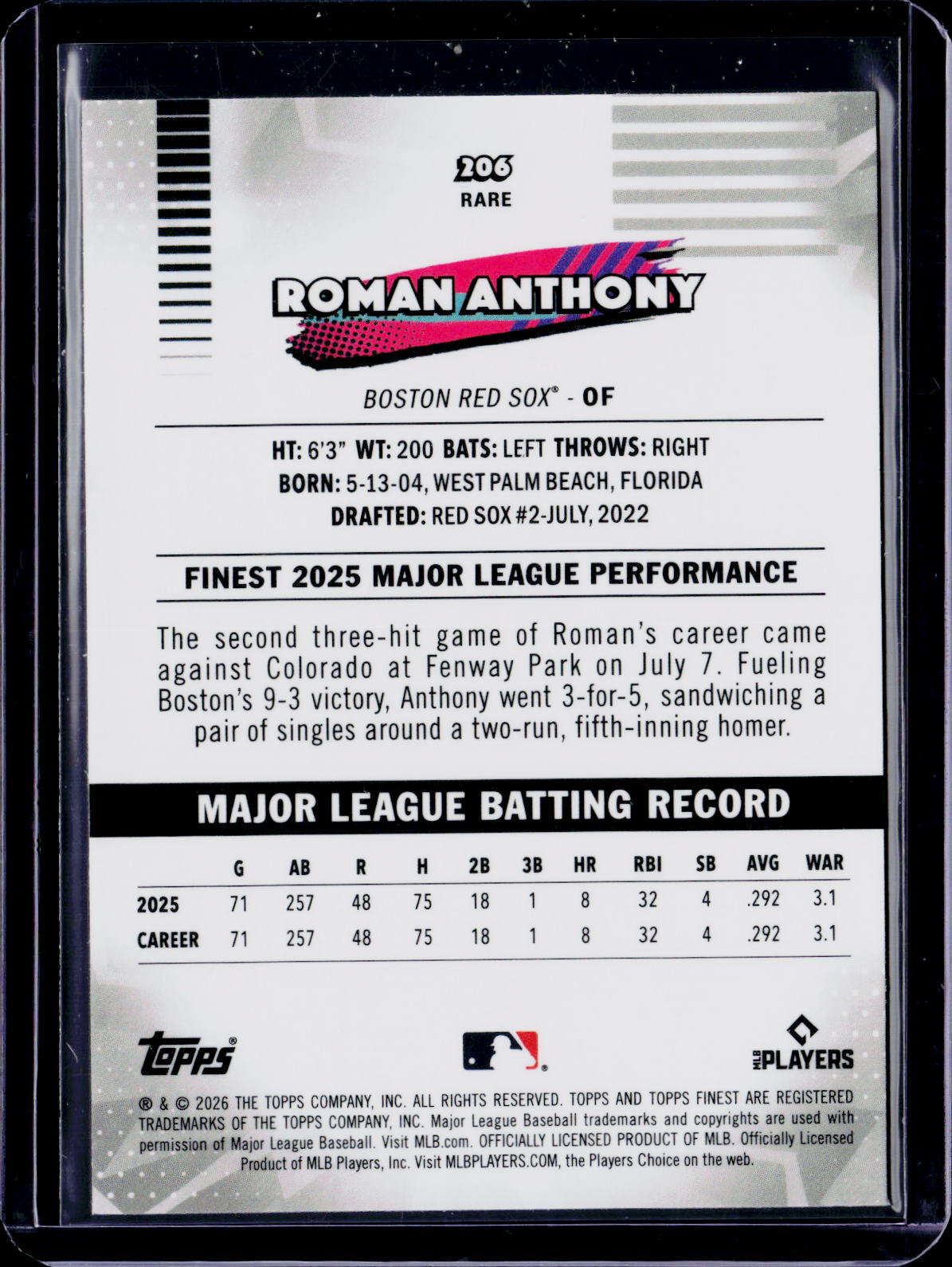 2026 Topps Finest Roman Anthony Pink Mini Daimond Rare /250
