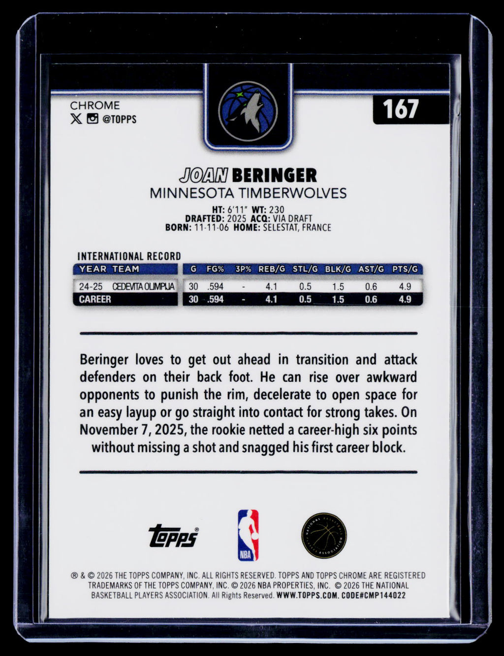 2025 Topps Chrome Update Joan Beringer Rookie Aqua Wave 57/199 RC
