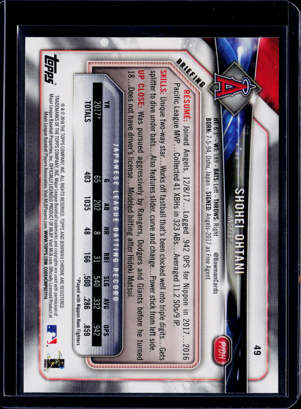 2018 Bowman Shohei Ohtani RC