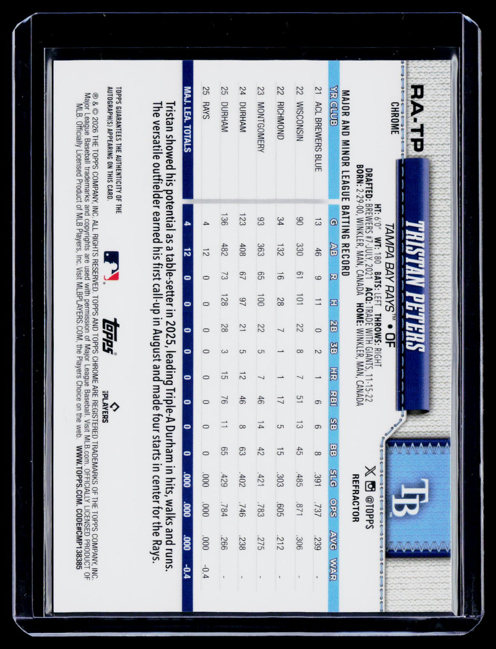 2026 Topps Chrome Tristan Peters Rookie Refractor Auto 389/499 RC