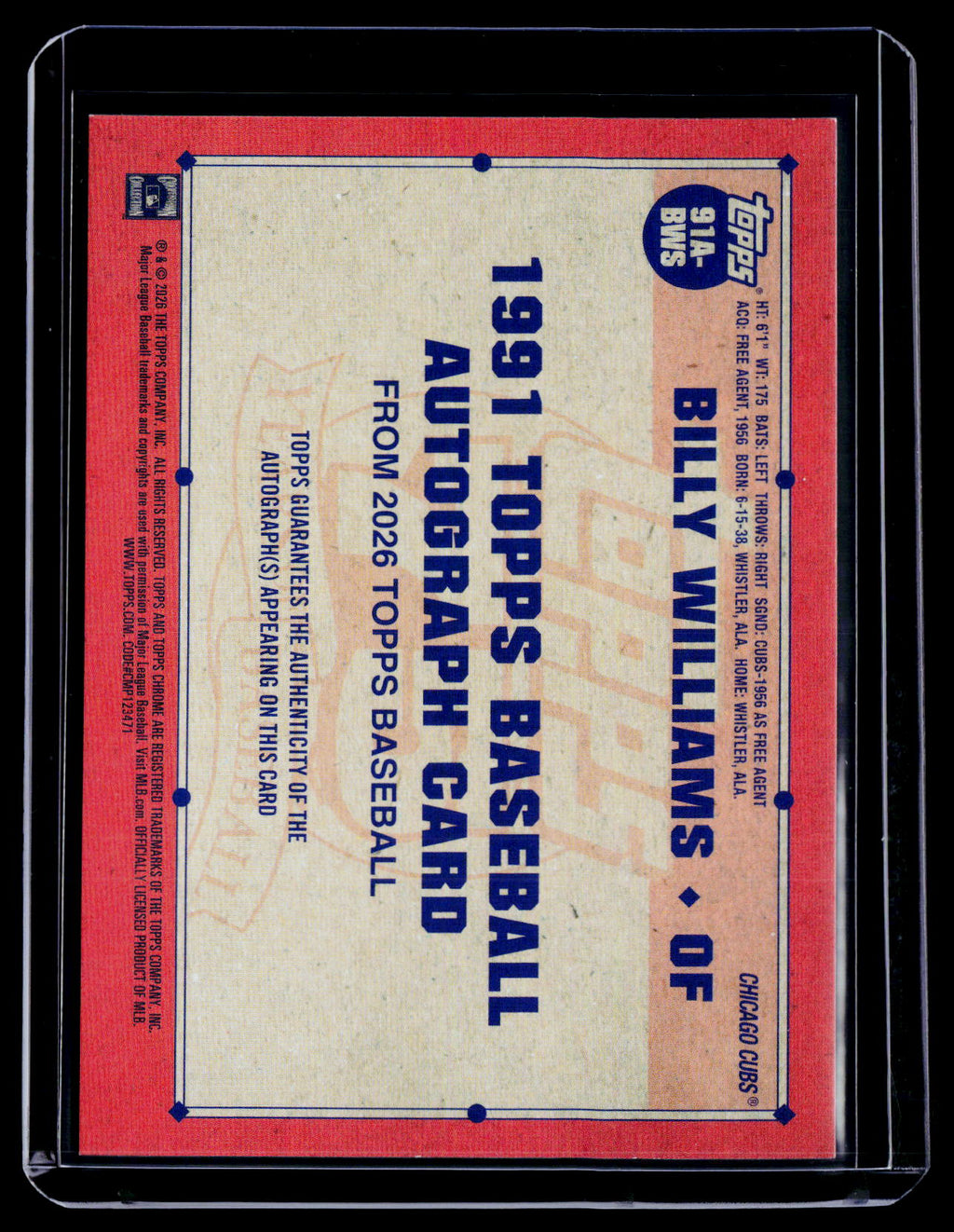 2026 Topps Billy Williams 1991 Auto B