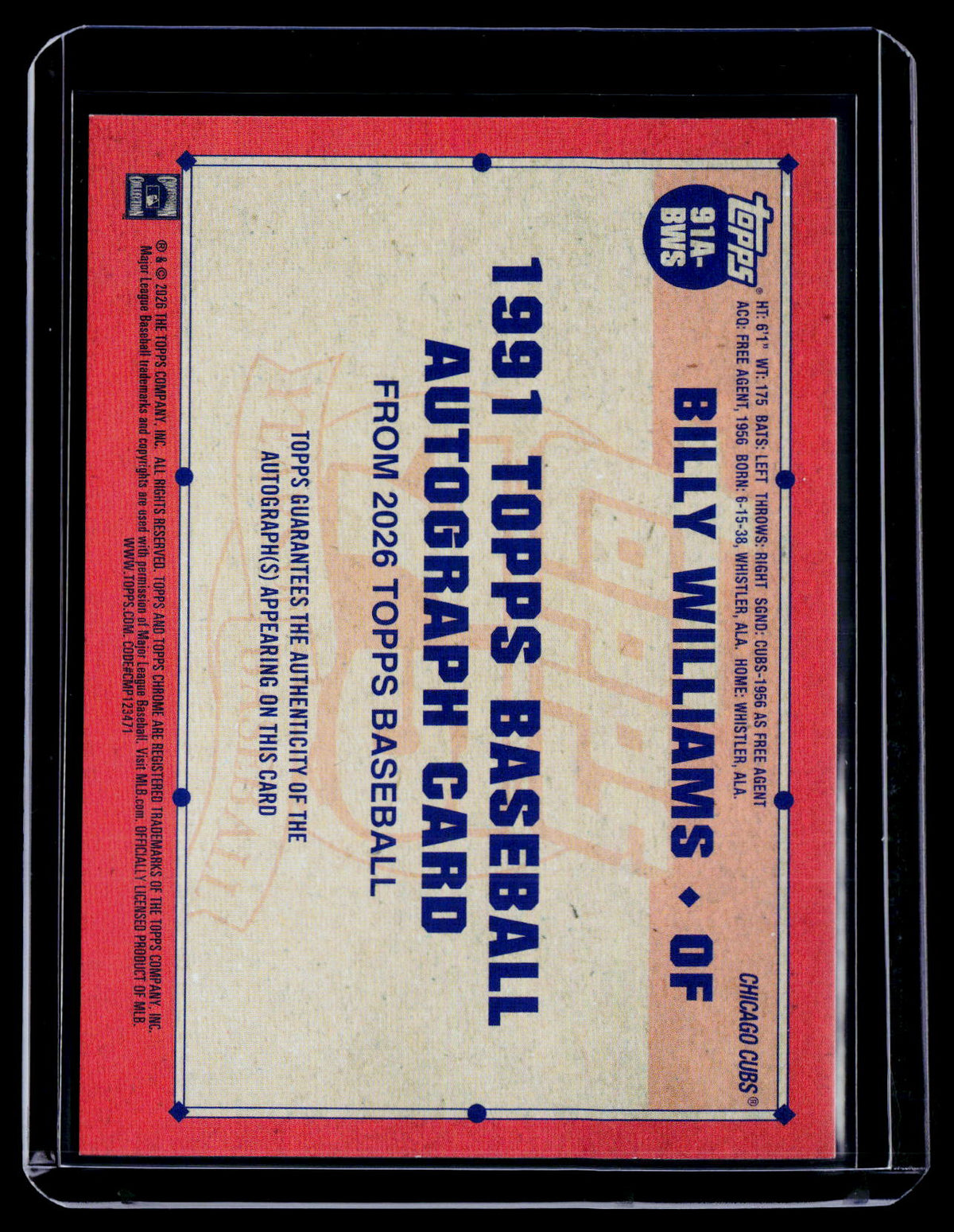 2026 Topps Billy Williams 1991 Auto B