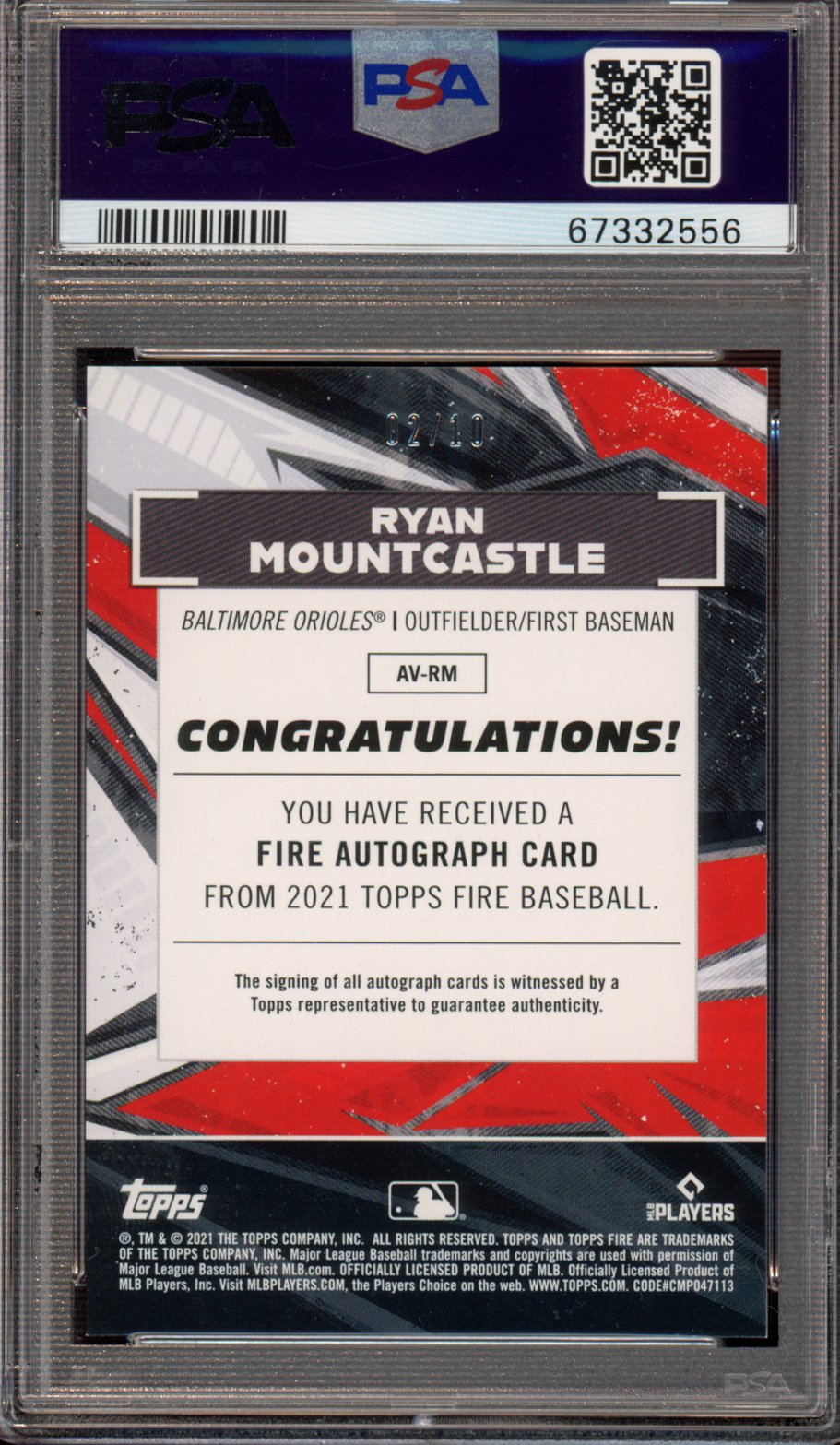 2021 Topps Fire Ryan Mountcastle Rookie Gold Auto 2/10 PSA 9 RC