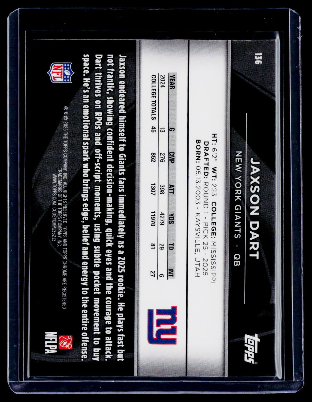2025 Topps Chrome Black Jaxson Dart Rookie Purple Refractor 62/75 RC