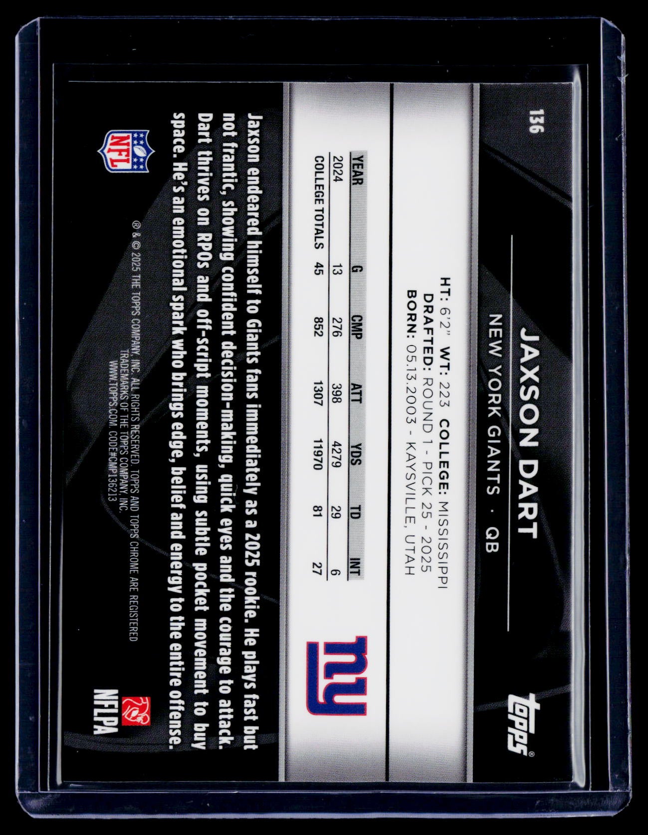 2025 Topps Chrome Black Jaxson Dart Rookie Purple Refractor 62/75 RC