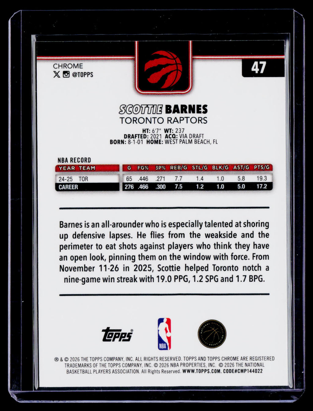 2025 Topps Chrome Update Scottie Barnes Purple Wave Refractor 56/75