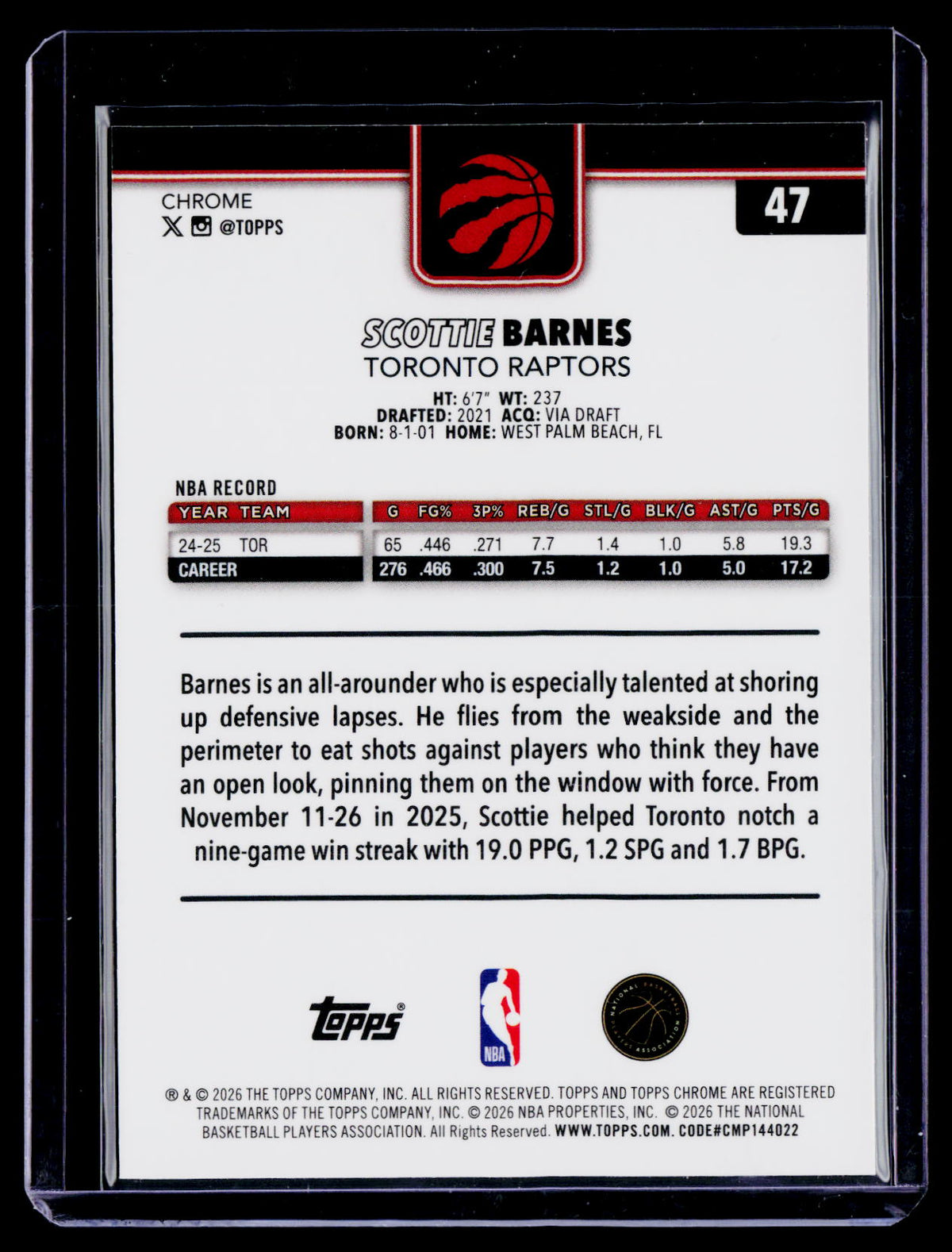 2025 Topps Chrome Update Scottie Barnes Purple Wave Refractor 56/75