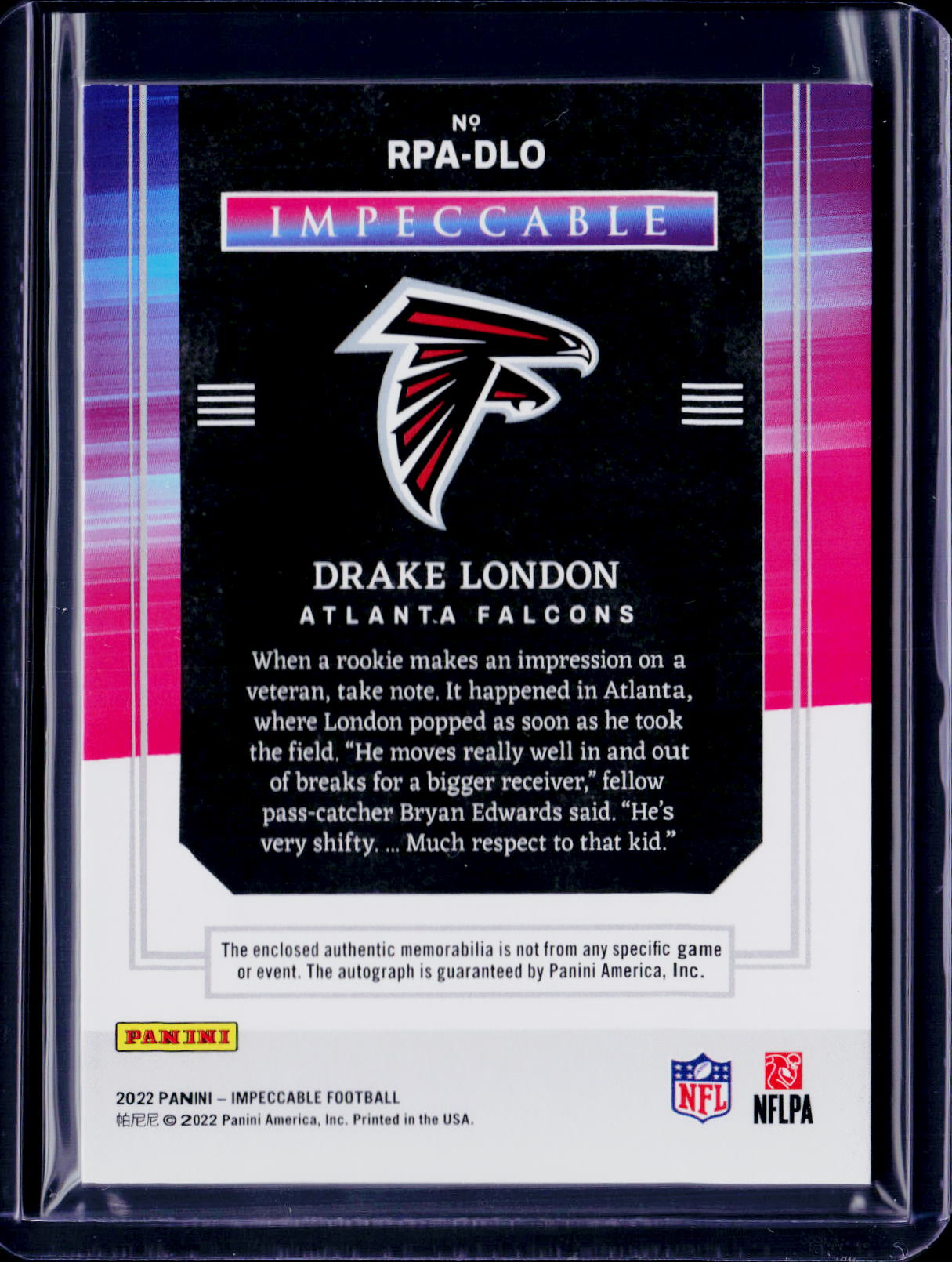 2022 Impeccable Drake London Rookie Patch Auto /99