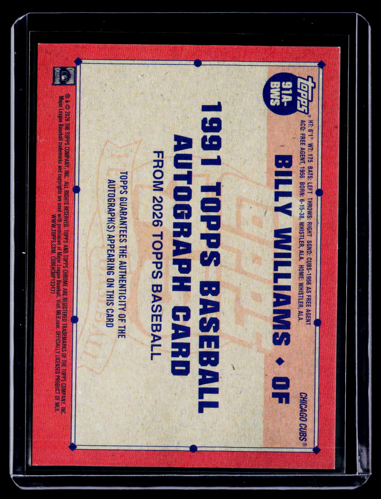 2026 Topps Billy Williams 1991 Auto