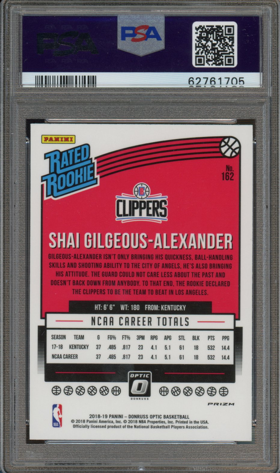 2018 Donruss Optic Shai Gilgeous-Alexander Rookie Shock PSA 10 RC