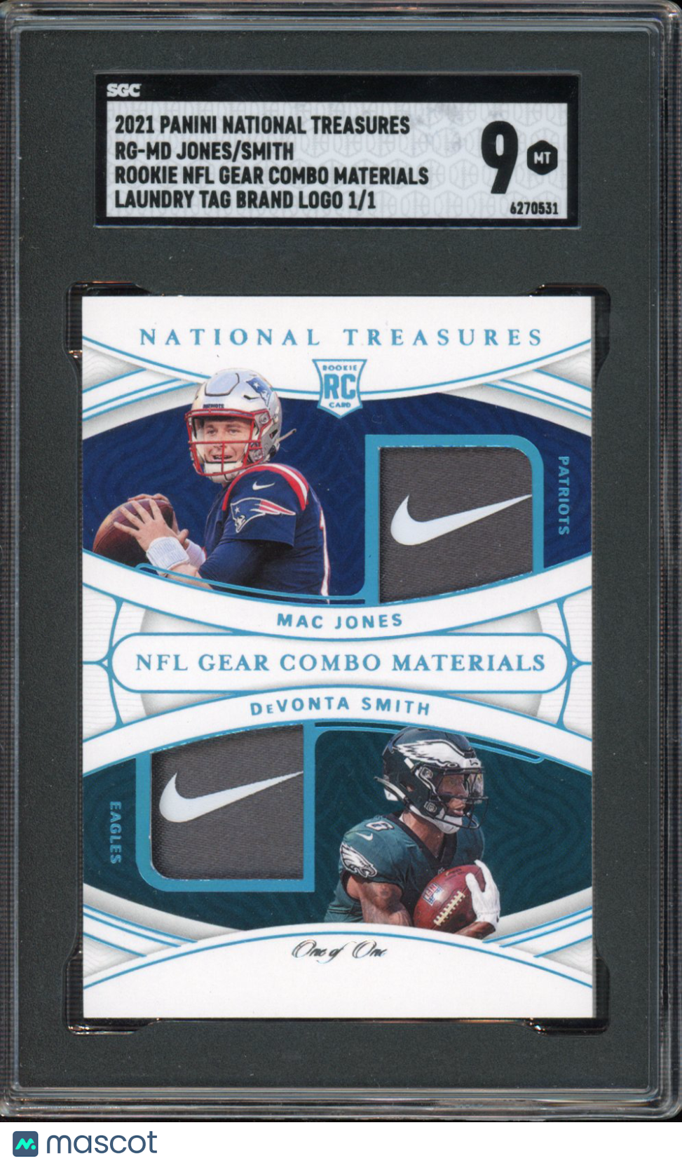 2021 National Treasures Mac Jones / DeVonta Smith Rooke NFL Gear Dual Patch 1/1 SGC 9
