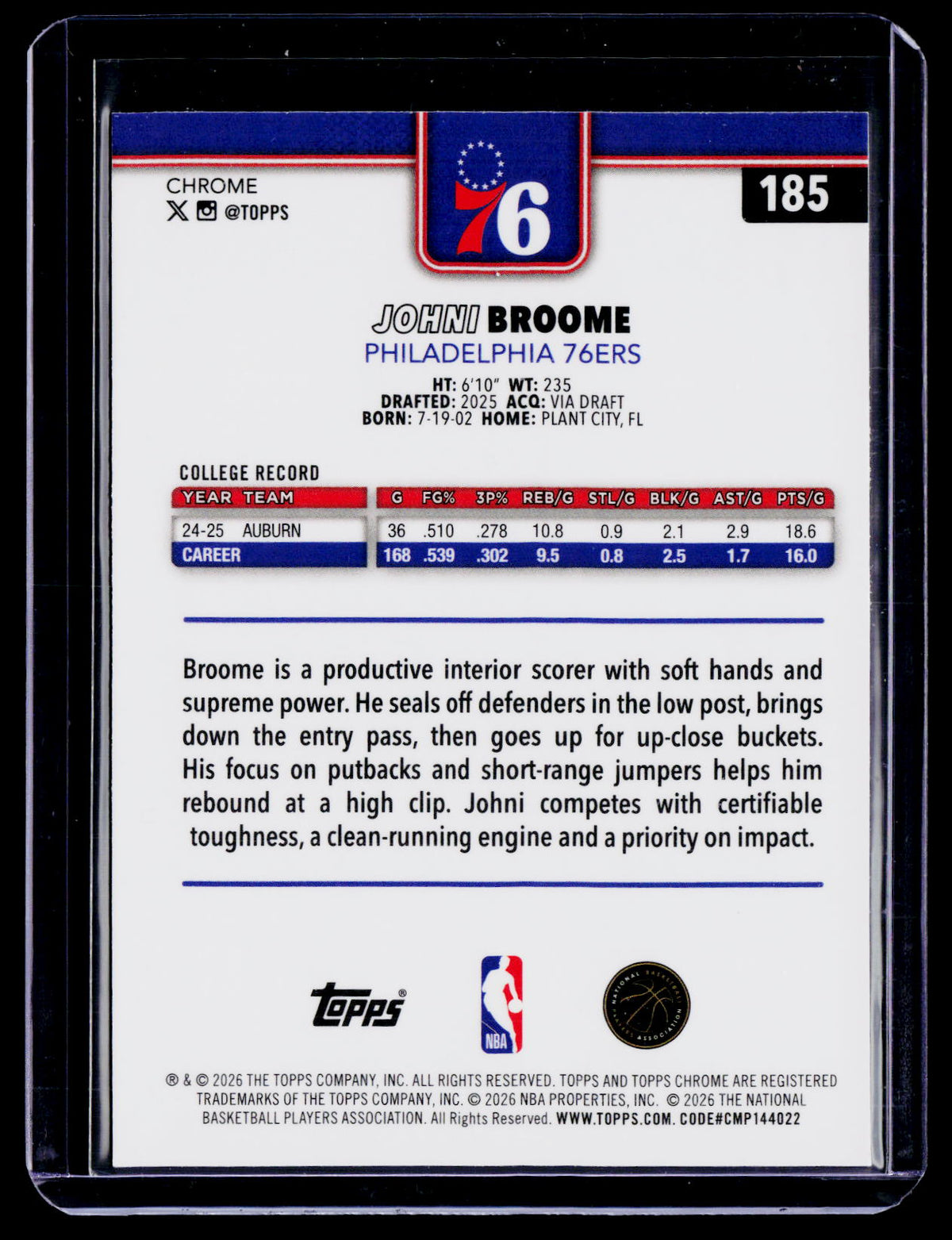 2025 Topps Chrome Update Johni Broome Rookie Purple Geometric 2/75 RC