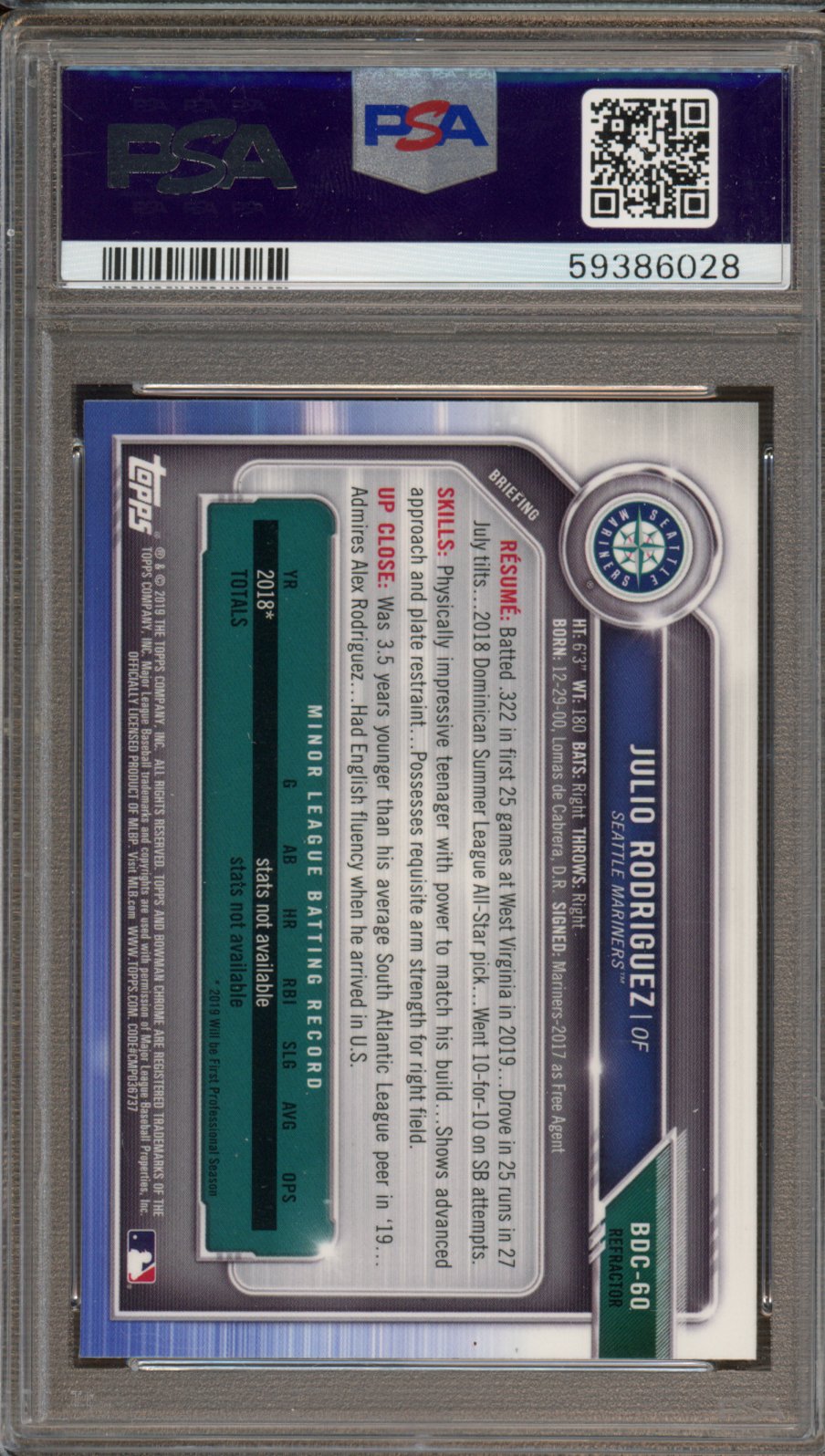 2019 Bowman Draft Julio Rodriguez Chrome Refractor PSA 10