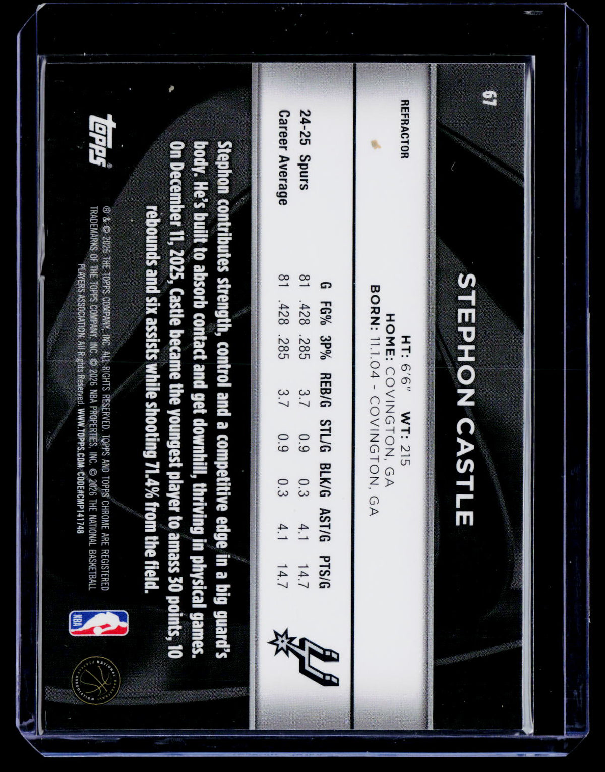 2025 Topps Chrome Black Stephon Castle Refractor 36/299