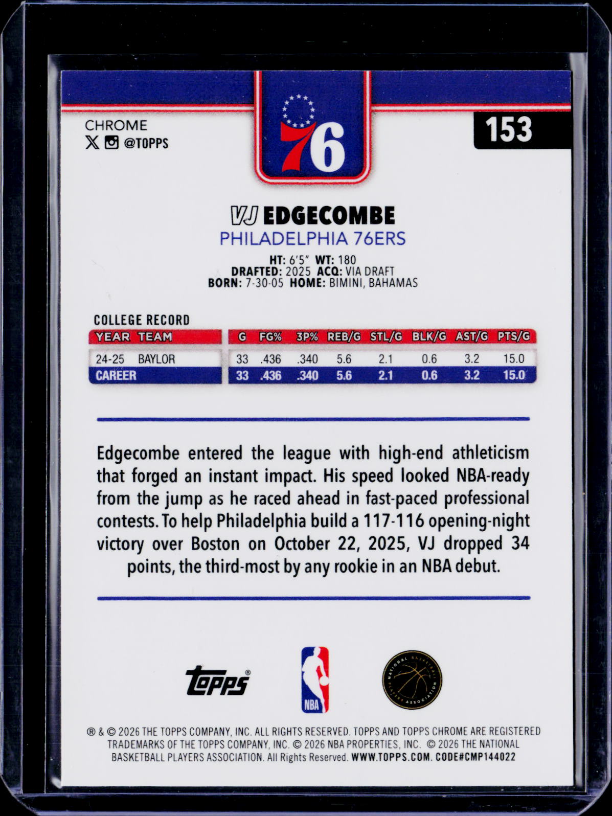 2025-26 Topps Chrome Update VJ Edgecombe Yellow Refractor /275