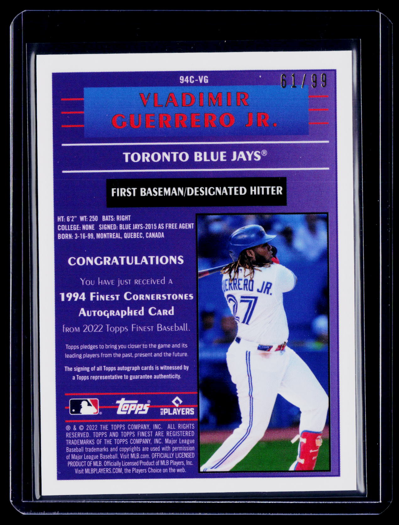 2022 Topps Finest Vladimir Guerrero Jr. Corner Stone Auto 61/99