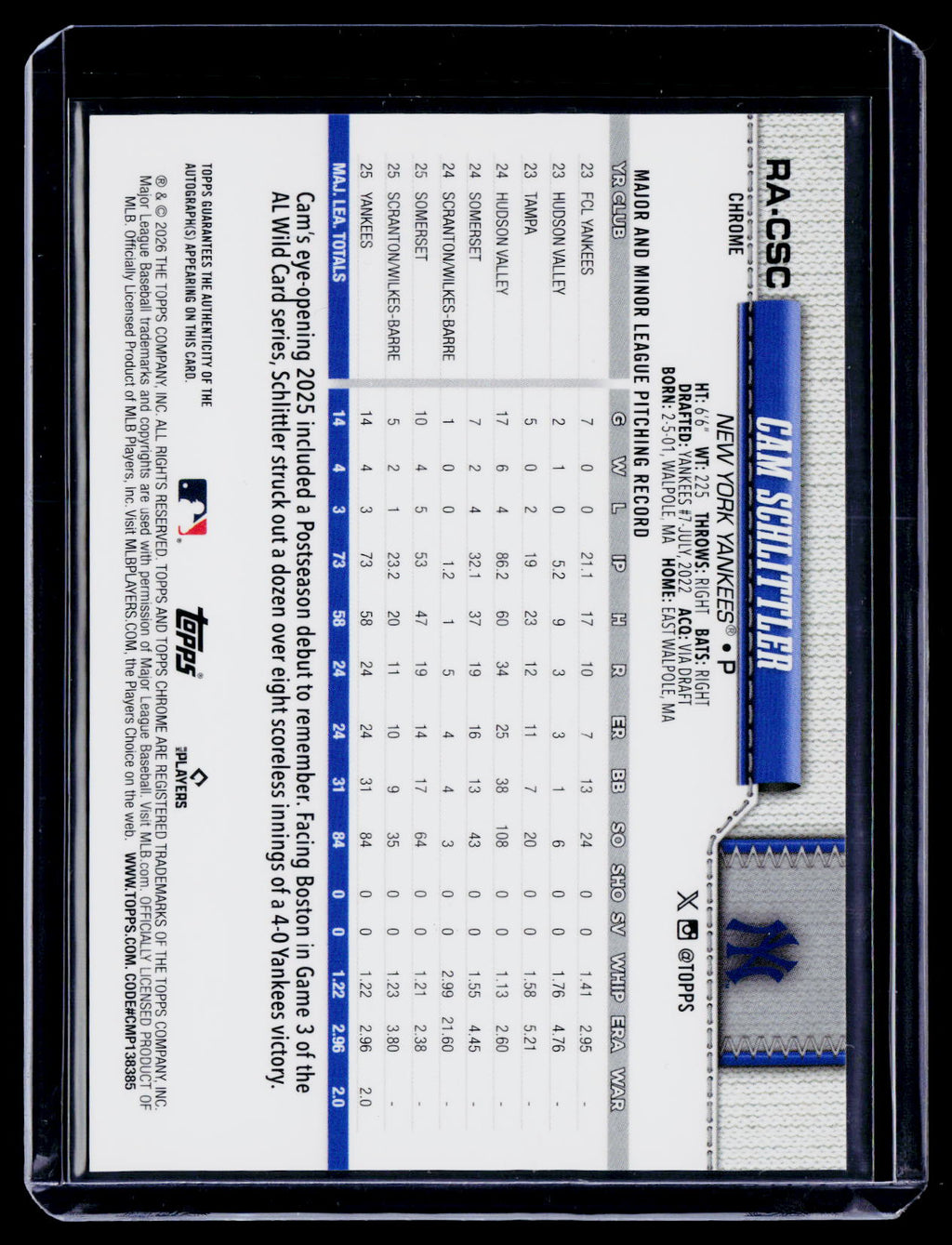 2026 Topps Chrome Cam Schlittler Rookie Purple Refractor Auto 45/75