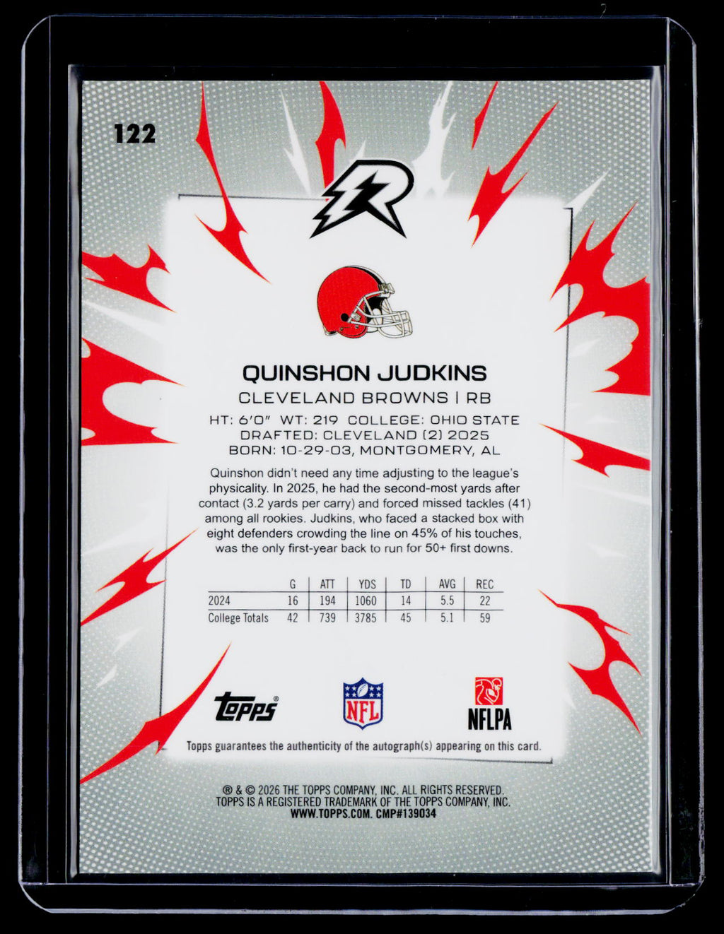 2025 Topps Resurgence Quinshon Judkins Rookie Gold Static Auto 19/50 RC