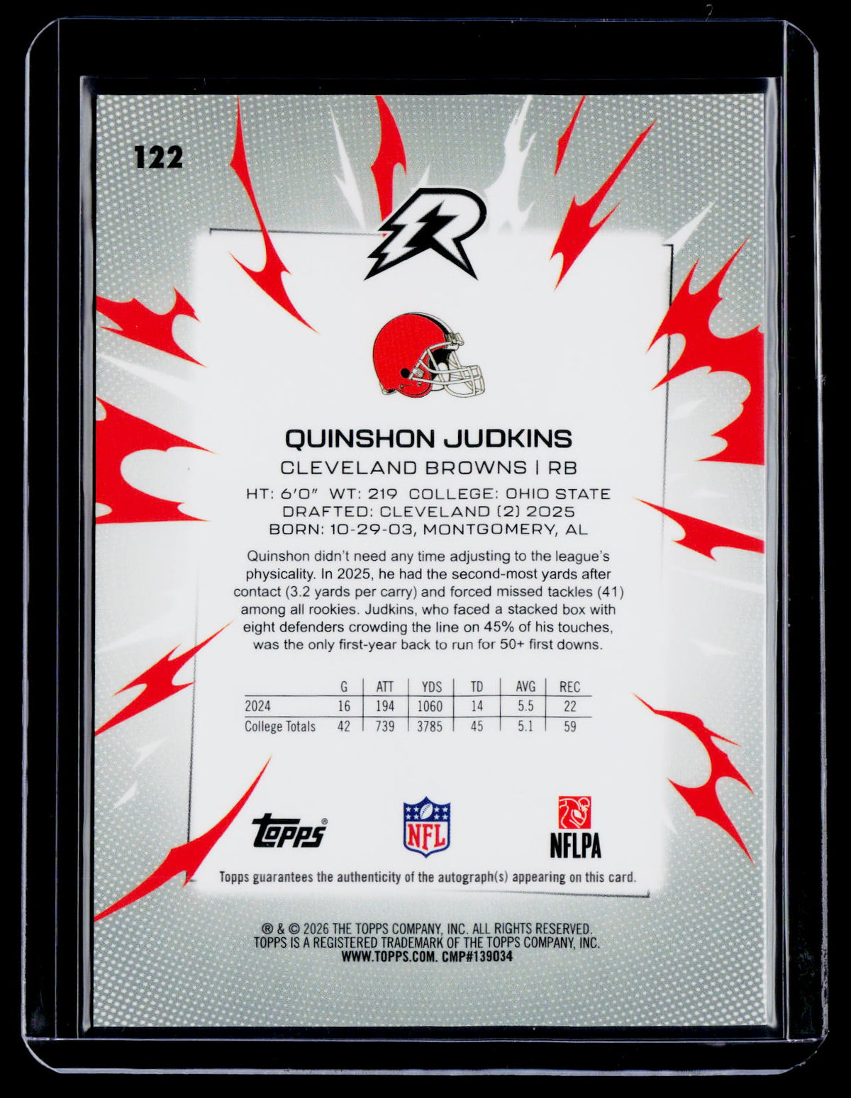 2025 Topps Resurgence Quinshon Judkins Rookie Gold Static Auto 19/50 RC