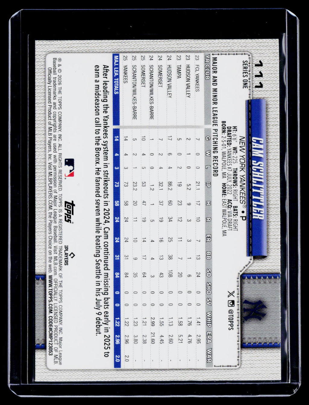 2026 Topps Series 1 Cam Schlittler Rookie Diamante RC
