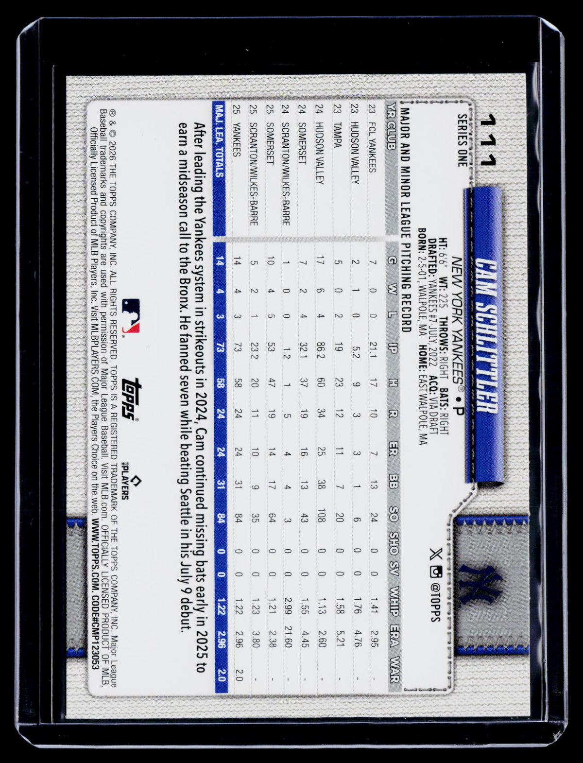 2026 Topps Series 1 Cam Schlittler Rookie Diamante RC