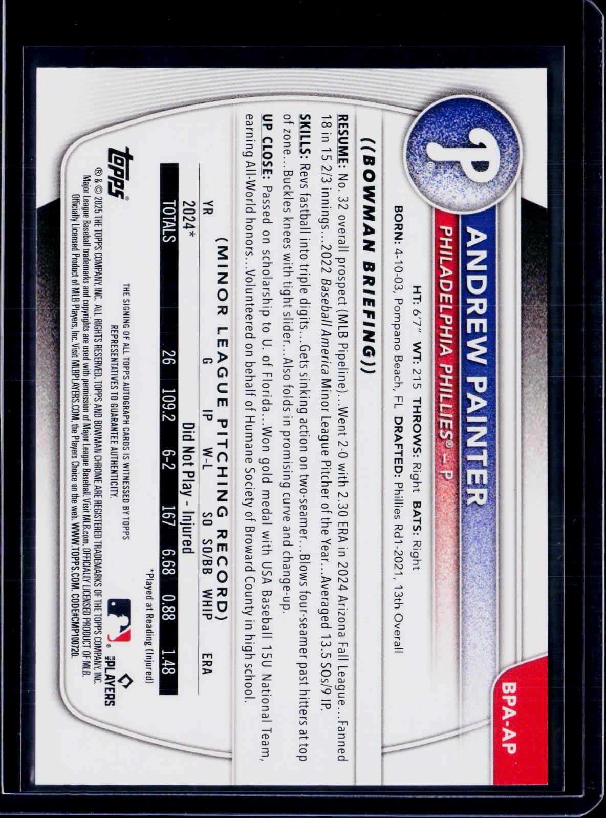 2025 Bowman Baseball Andrew Painter Gold Auto /50