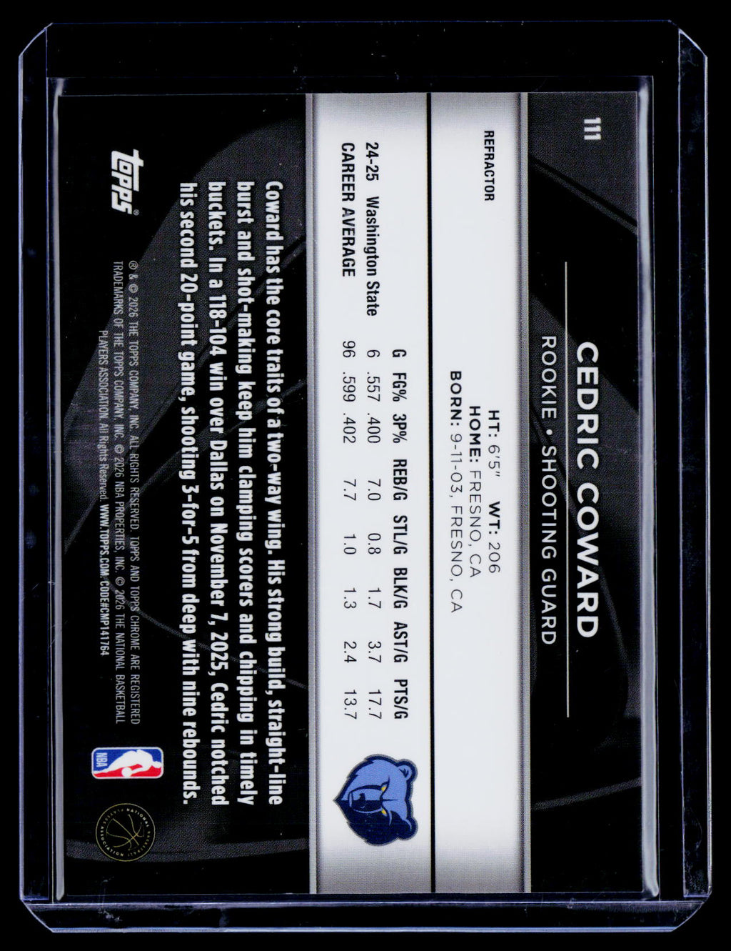 2025 Topps Chrome Black Cedric Coward Rookie Refractor 282/299 RC