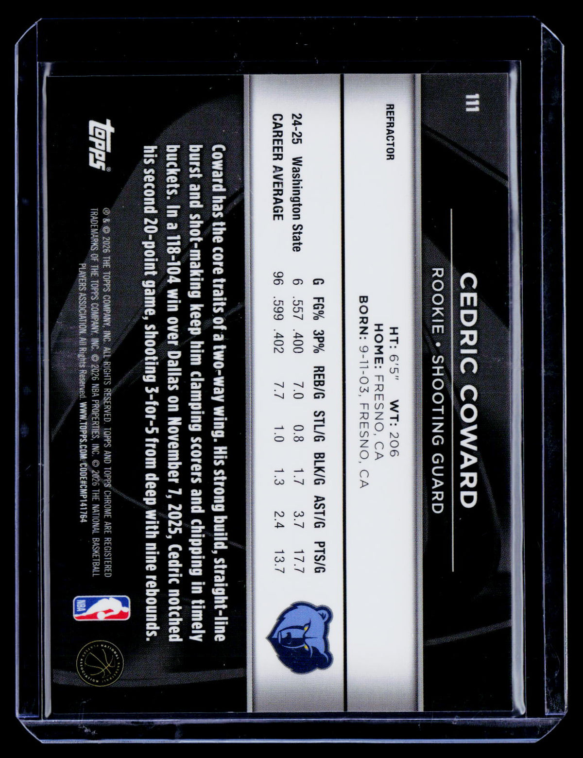 2025 Topps Chrome Black Cedric Coward Rookie Refractor 282/299 RC