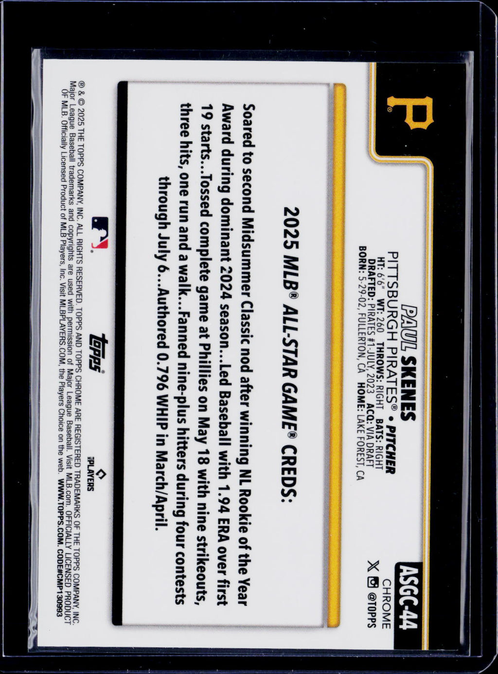 2025 Topps Chrome All Star Game Paul Skenes Gold 10/50