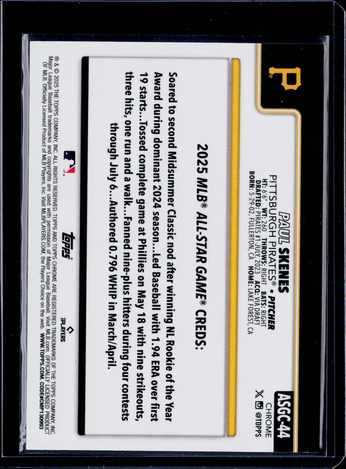 2025 Topps Chrome All Star Game Paul Skenes Gold 10/50
