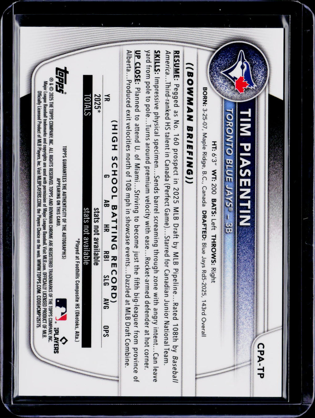 2025 Bowman Chrome Tim Piasentin 1st Auto Mojo 018/150