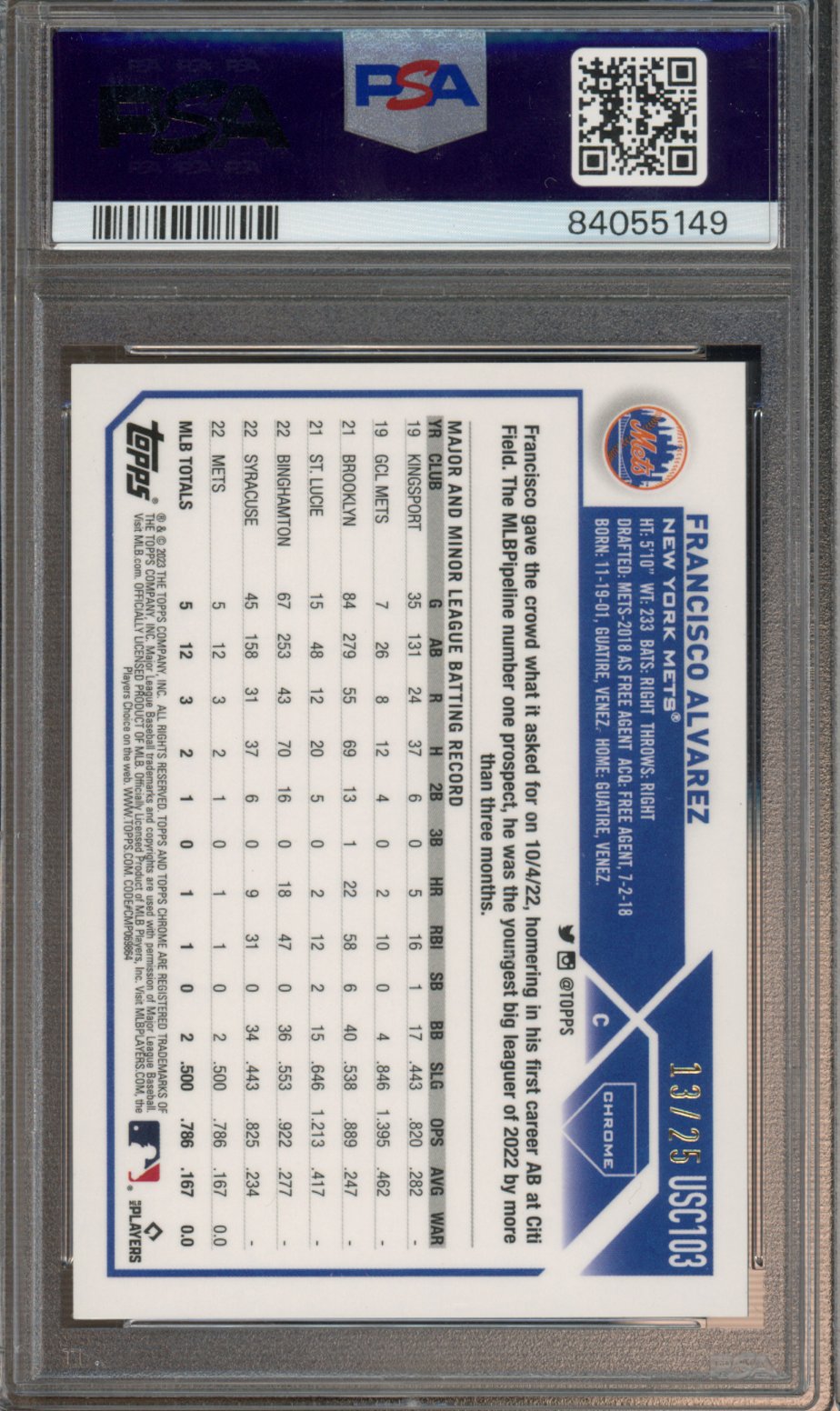 2023 Topps Chrome Update Francisco Alvarez Rookie Orange Speckle Image Variation 13/25 PSA 9
