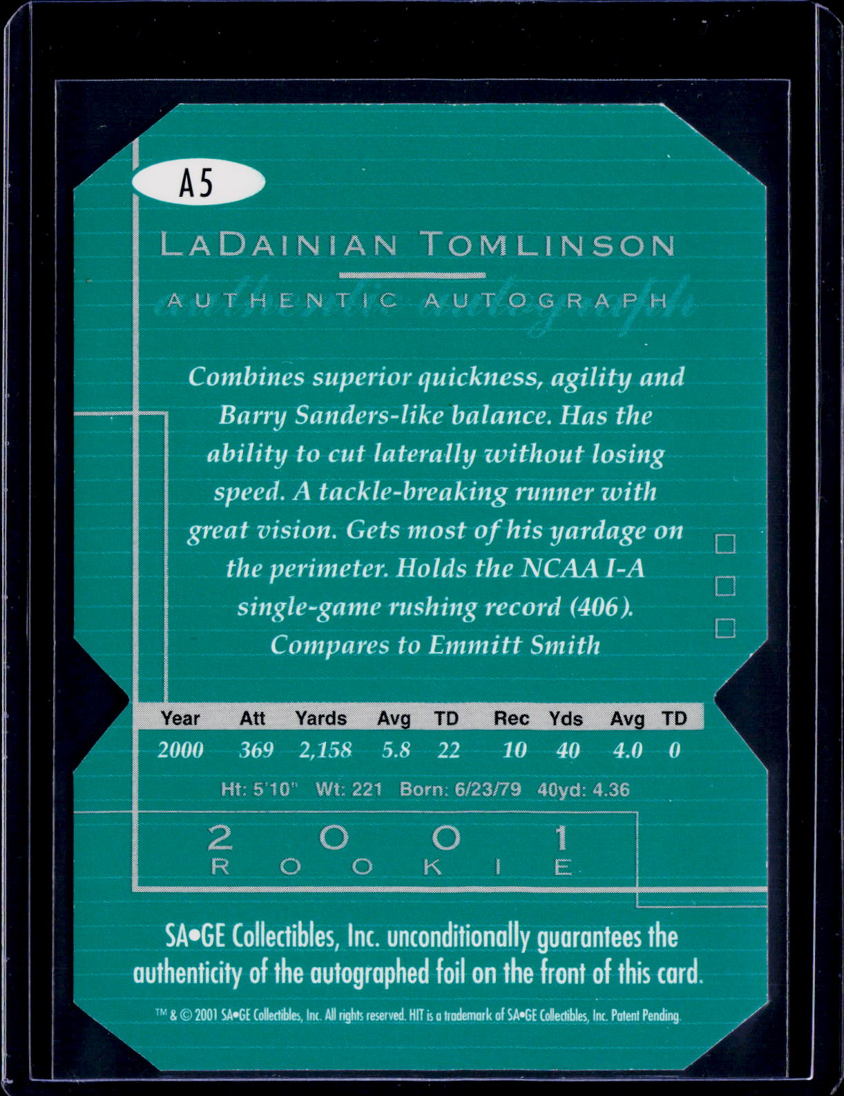 2001 Sage Hit LaDanian Tomlinson Auto 136/250