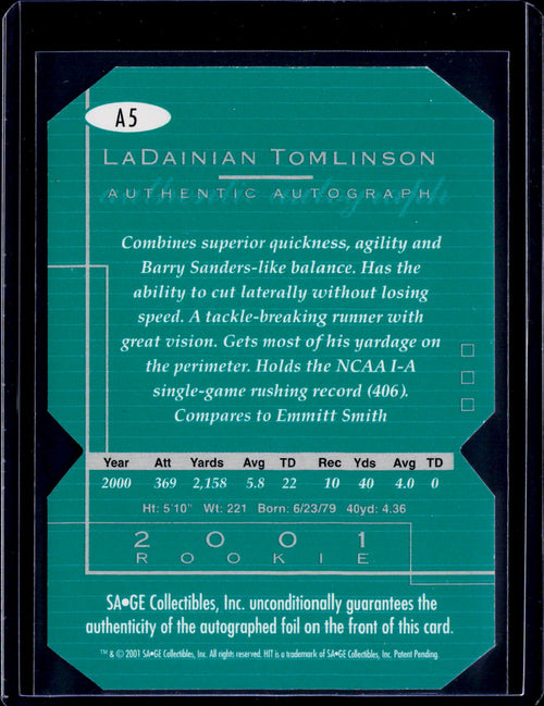 2001 Sage Hit LaDanian Tomlinson Auto 136/250