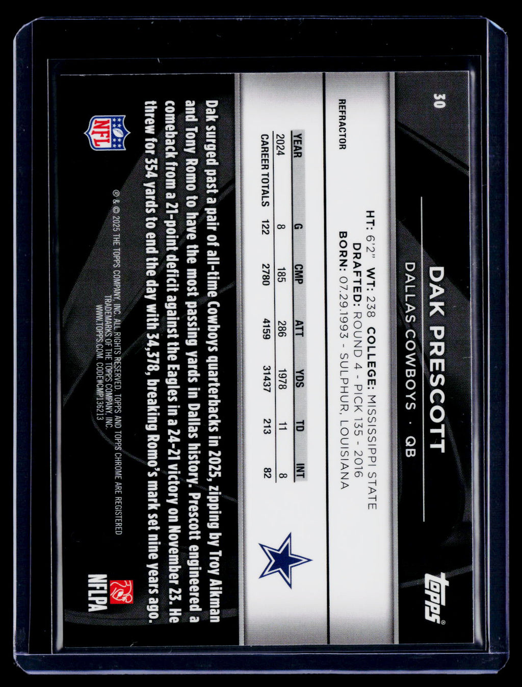 2025 Topps Chrome Black Dak Prescott Refractor 255/299
