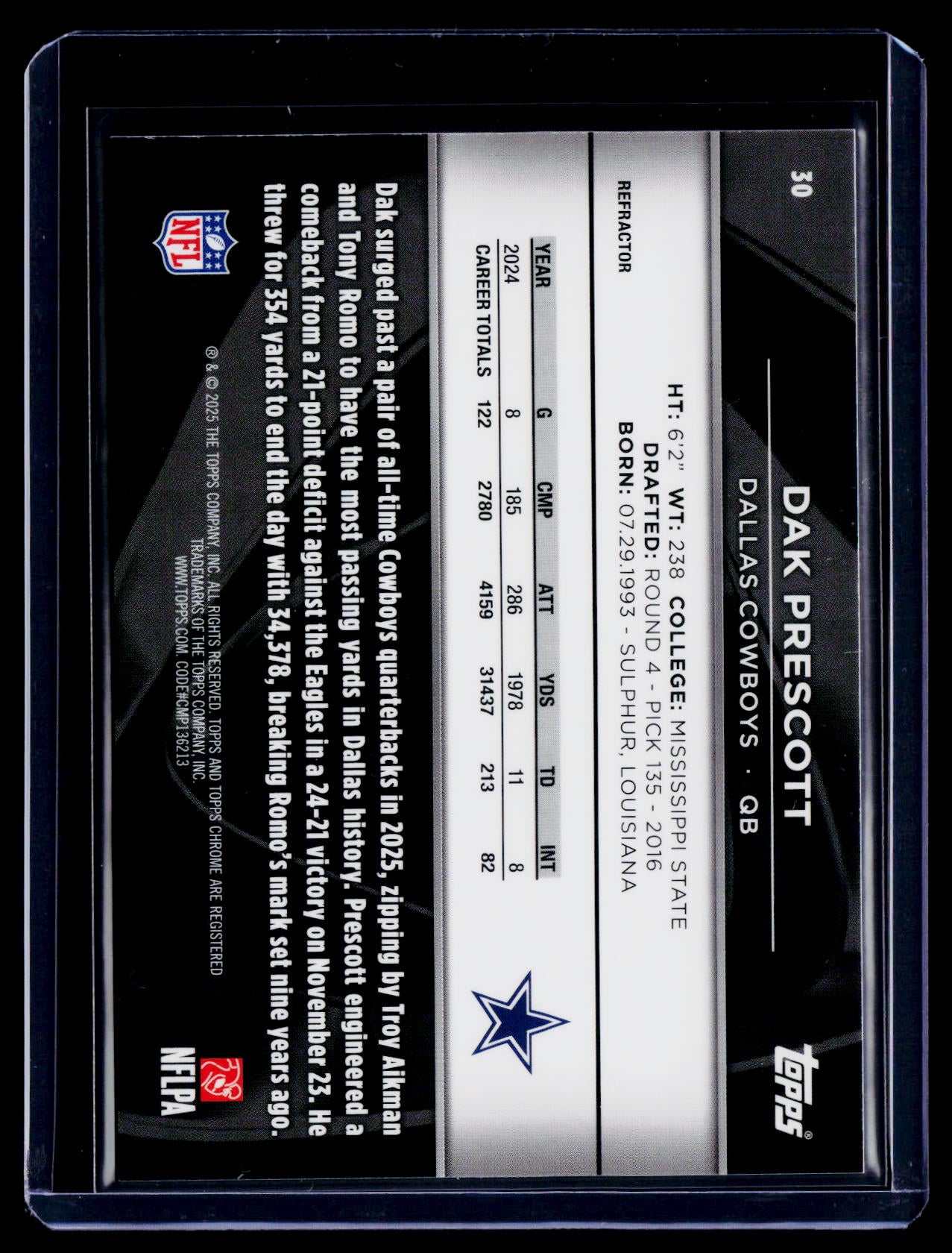 2025 Topps Chrome Black Dak Prescott Refractor 255/299