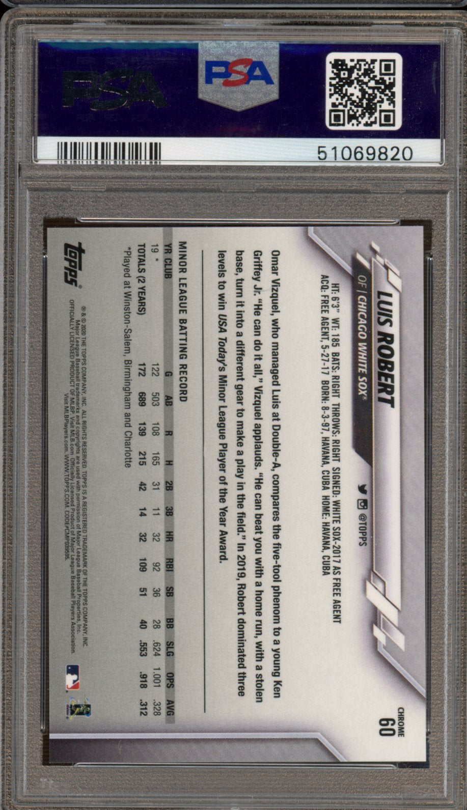 2020 Topps Chrome Luis Robert Rookie Negative Refractor PSA 10 RC