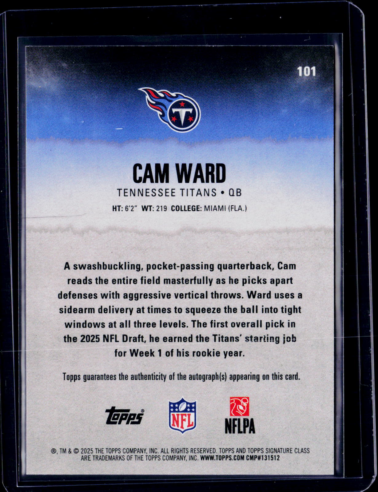 2025 Topps Signature Class Football Cam Ward Rookie Auto