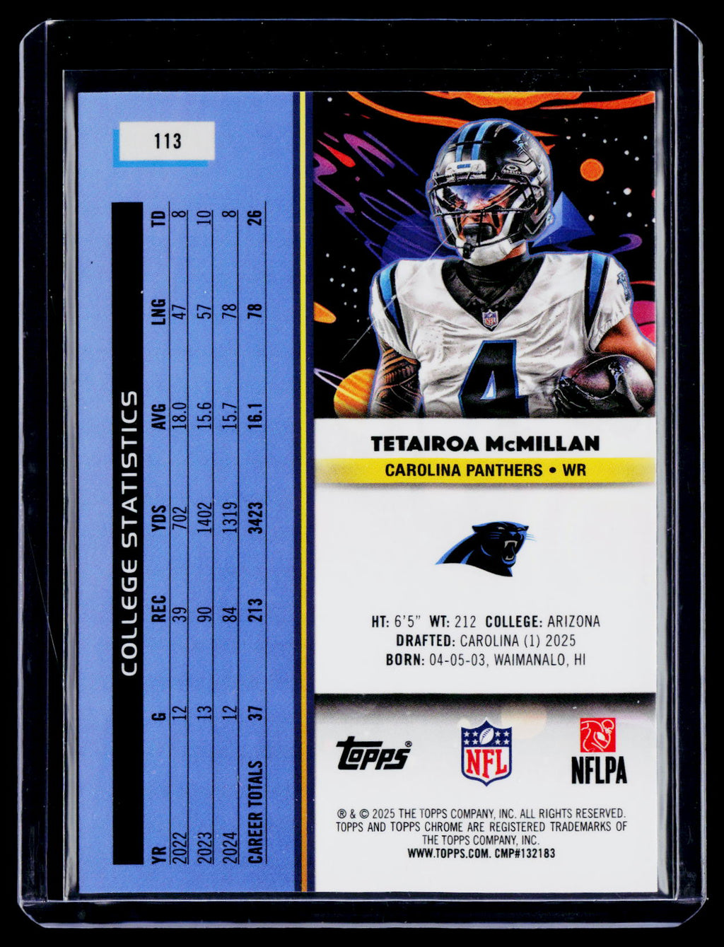 2025 Topps Chrome Cosmic Tetairoa McMillan Rookie Aqua Shimmer 30/199 RC