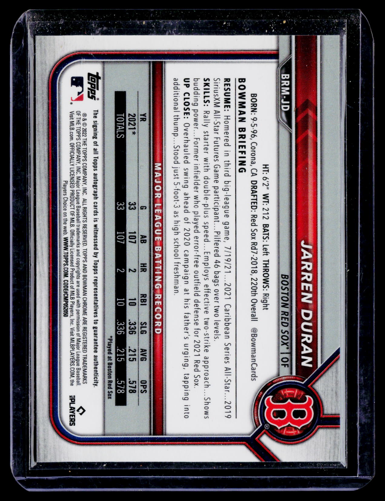 2020 Bowman Jarren Duran Rookie Mojo Auto 10/99 RC