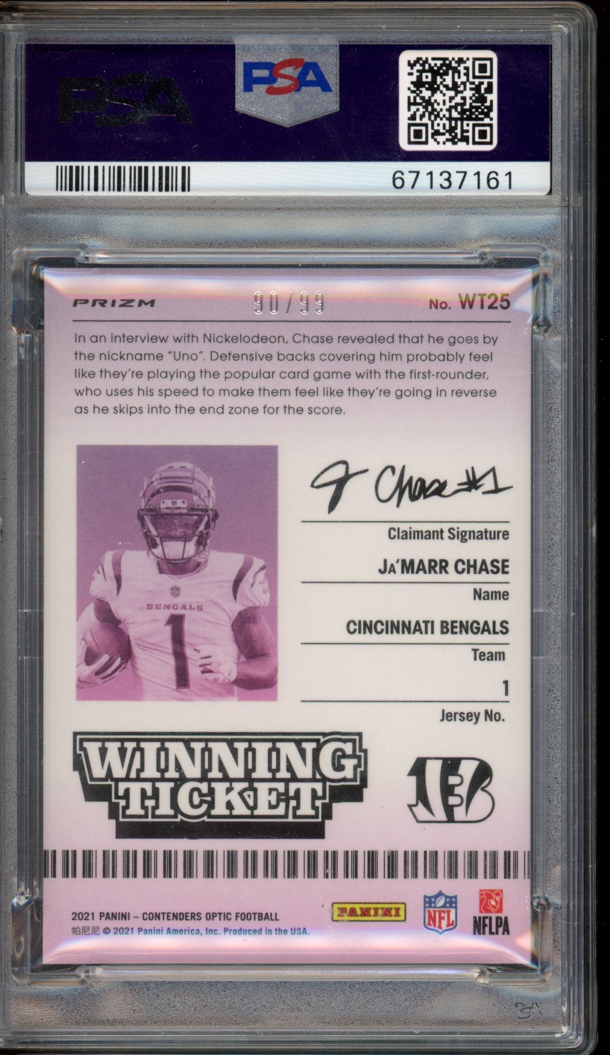 2021 Panini Contenders Optic Winning Tickets Ja’Marr Chase #WT25 Blue PSA 9
