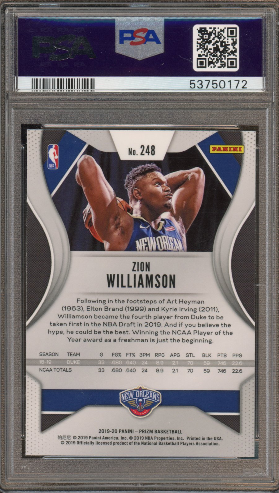 2019 Prizm Zion Williamson Rookie PSA 10 RC