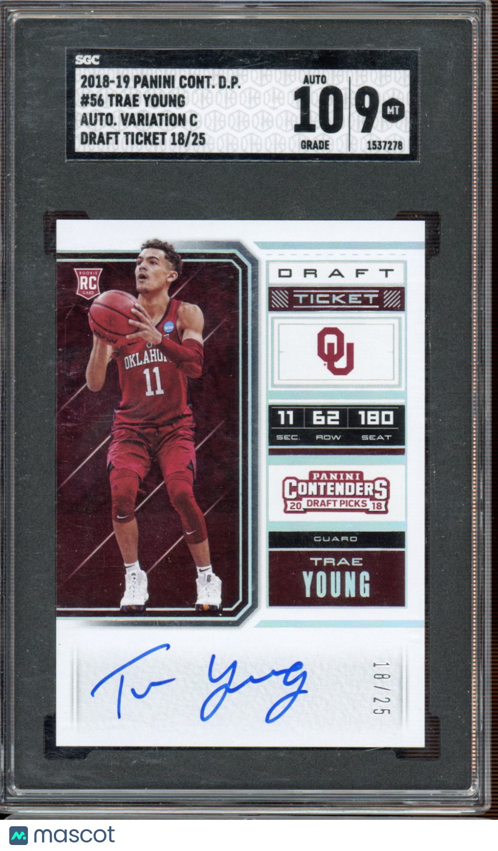2018-19 Contenders Draft Picks Trae Young Rookie Variation Auto 18/25 SGC 9 Auto 10