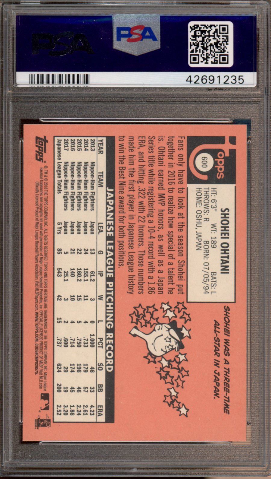 2018 Topps Heritage Shohei Ohtani Rookie PSA 9 RC