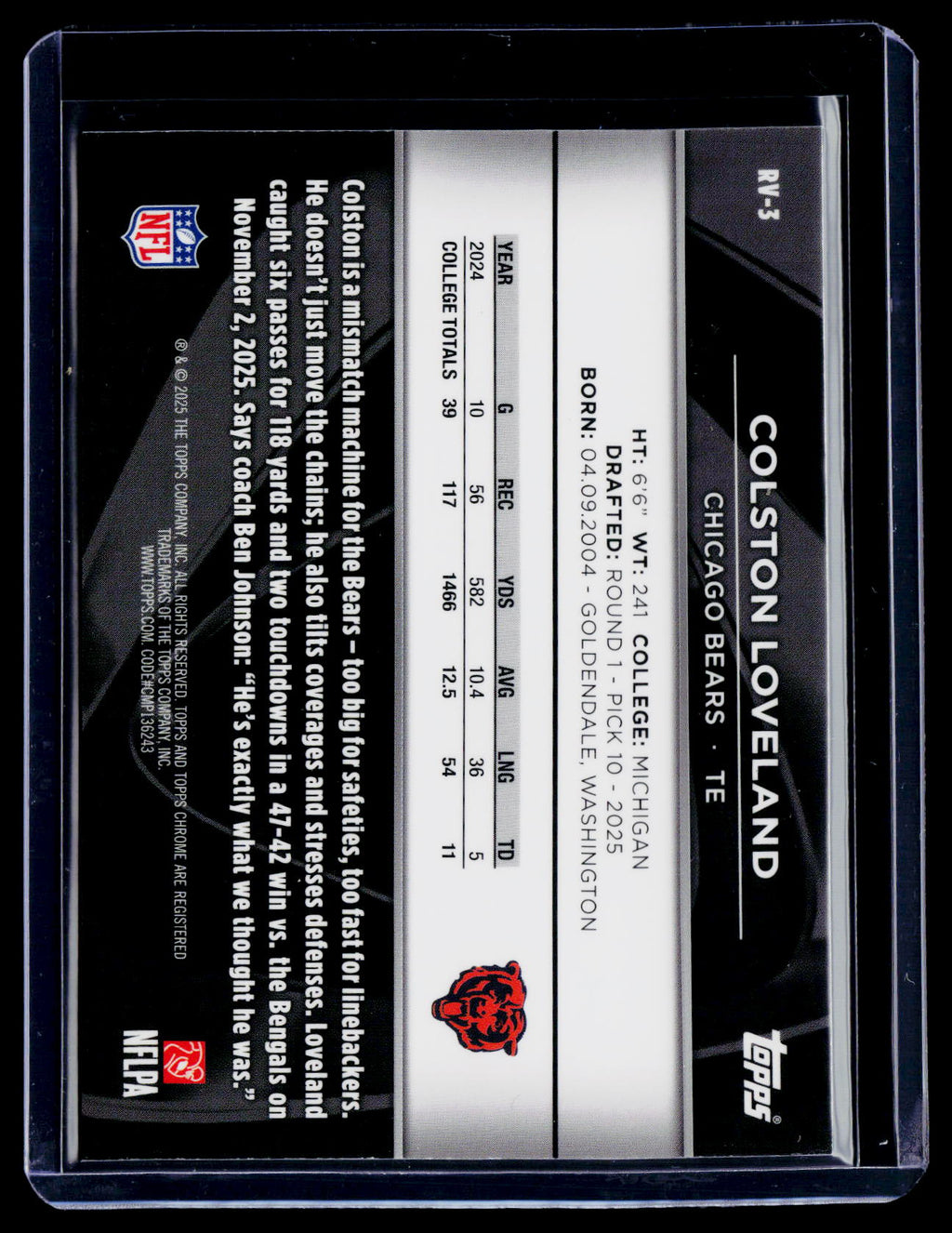2025 Topps Chrome Black Colston Loveland Rookie Image Variation RC