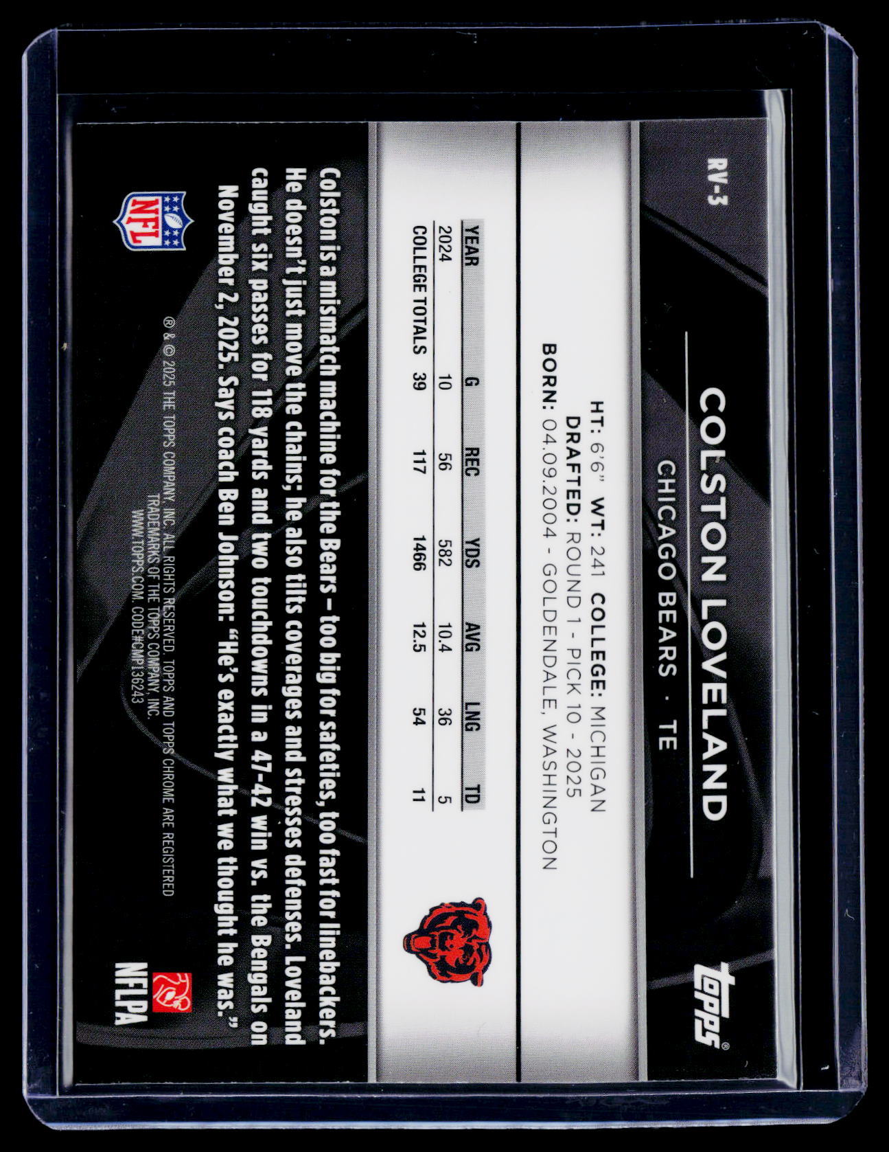 2025 Topps Chrome Black Colston Loveland Rookie Image Variation RC