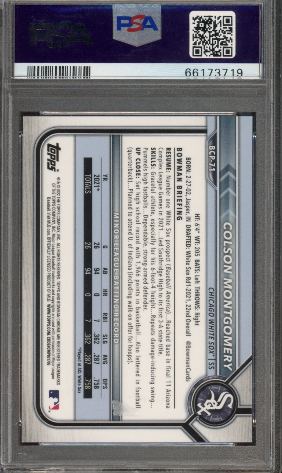 2022 Bowman Colson Montgomery Chrome Prospects Lava Refractor PSA 9